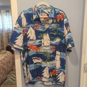 FINAL PRICE BLUE WATER WEAR Cotton Rayon Colorful Sailboat Hawaiian Shirt